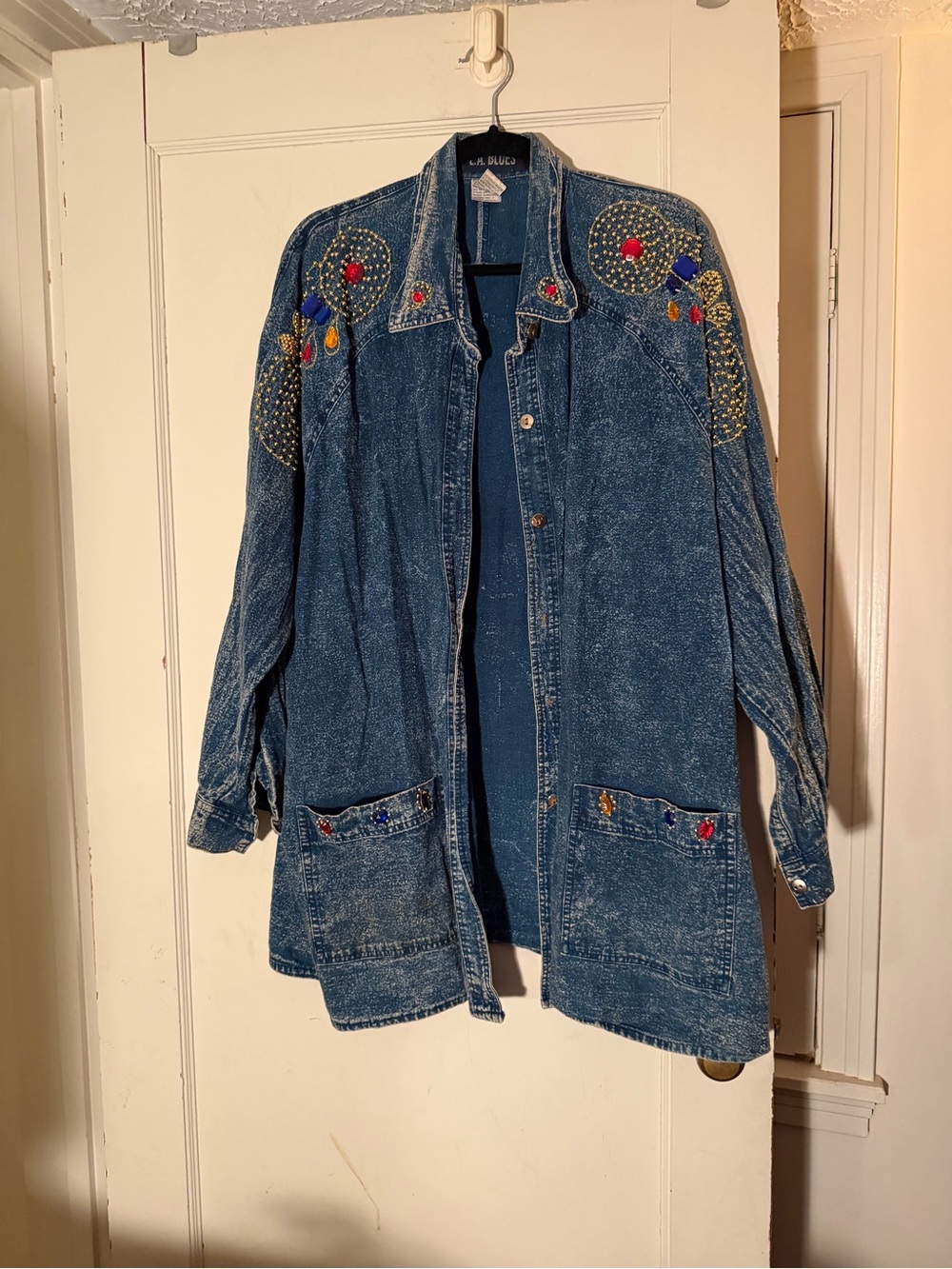 VINTAGE L.A. Blues Embellished Blue Denim Jacket with Multicolor Beads